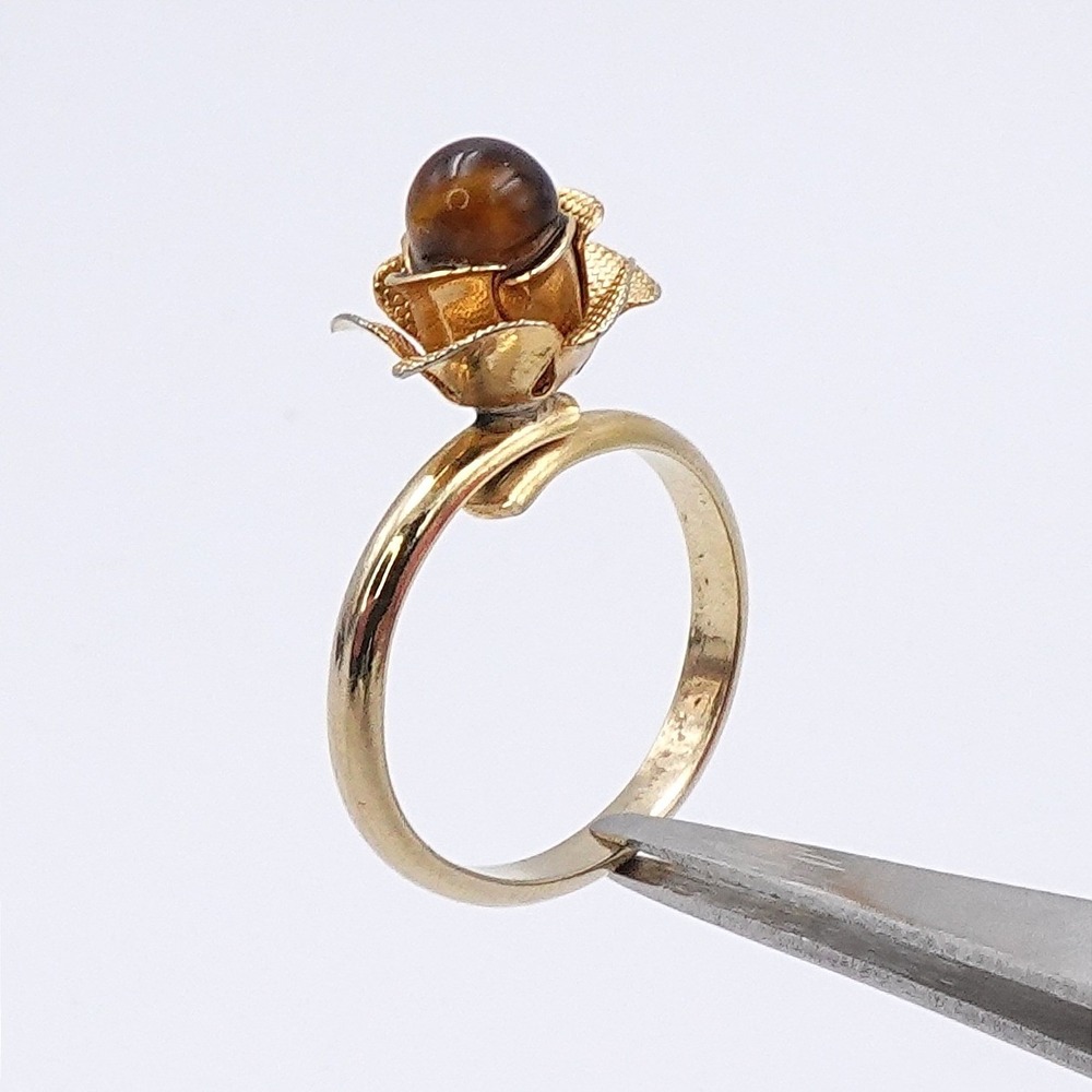 VTG‎ Tigers Eye Flower Ring Gold Tone Textured Rose Solitaire Size 6 Adjustable